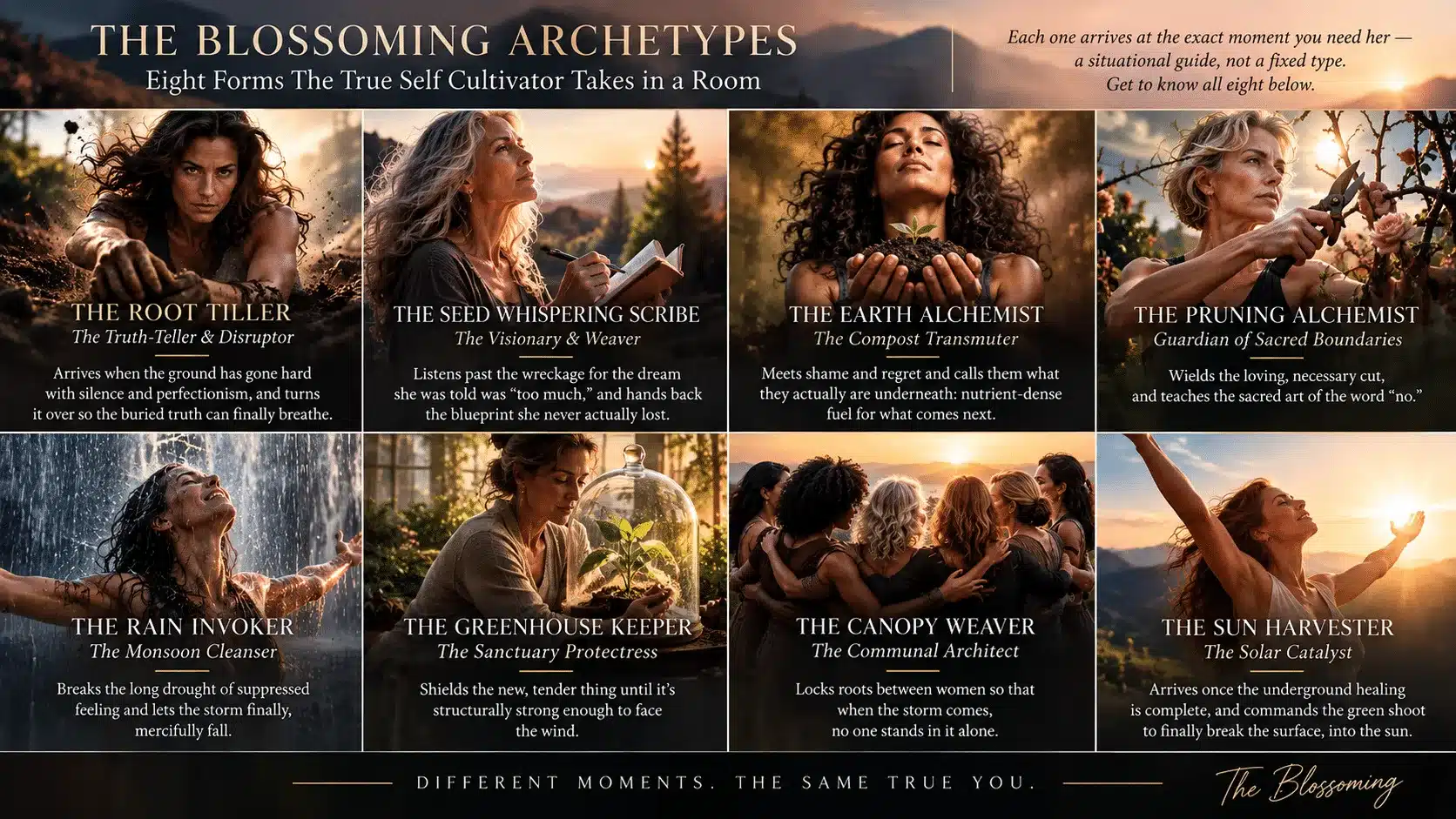 The Blossoming archetypes illustrated as a poster