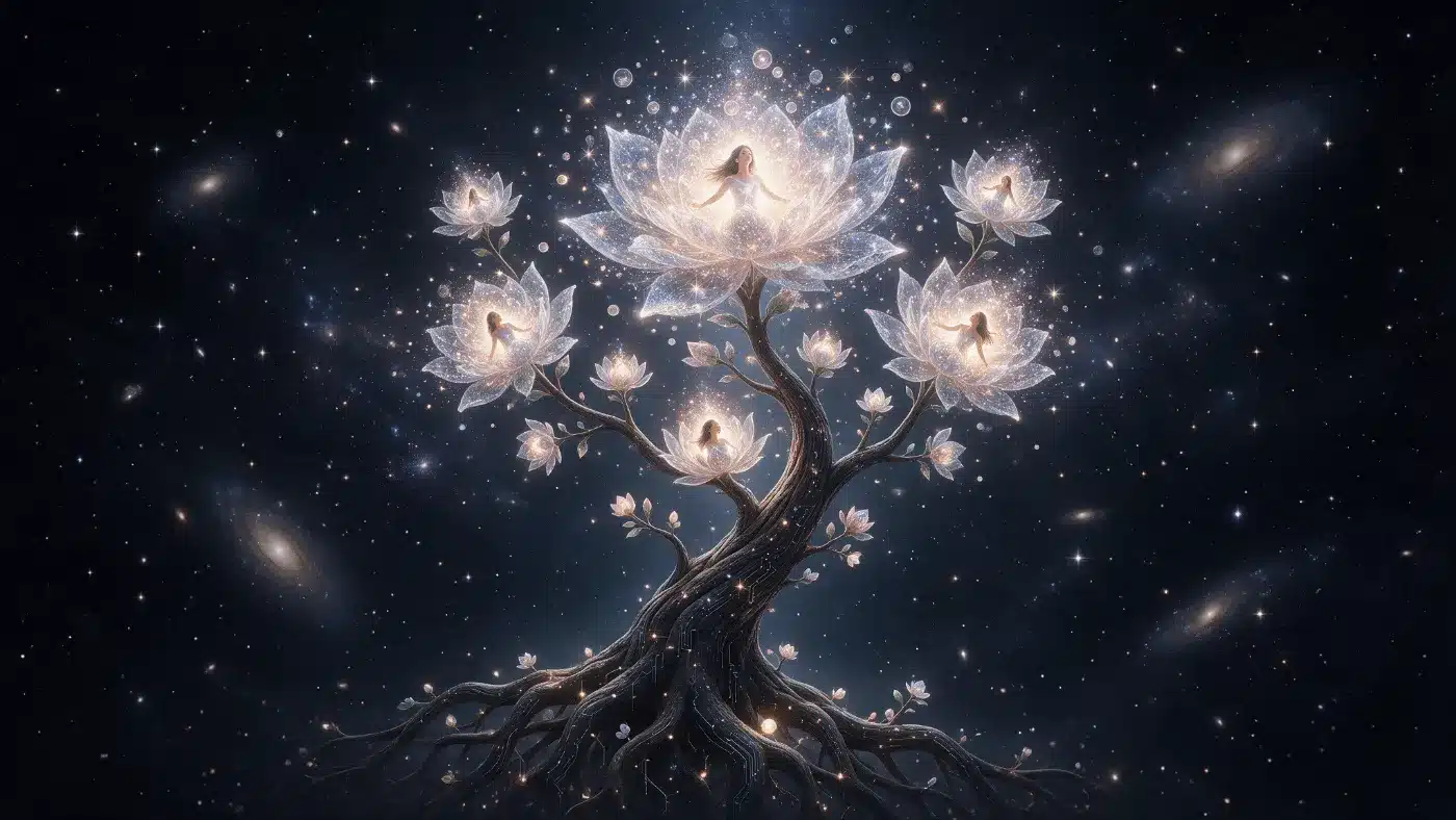 A glowing tree with luminous white lotus blossoms against a starry sky