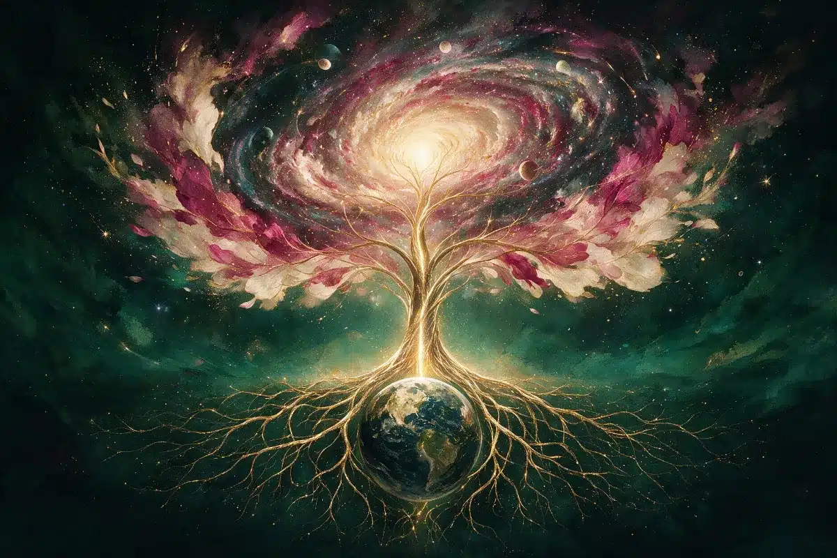 A glowing golden tree of life whose roots wrap around the Earth and whose crown opens into a spiral galaxy of magenta and ivory petals