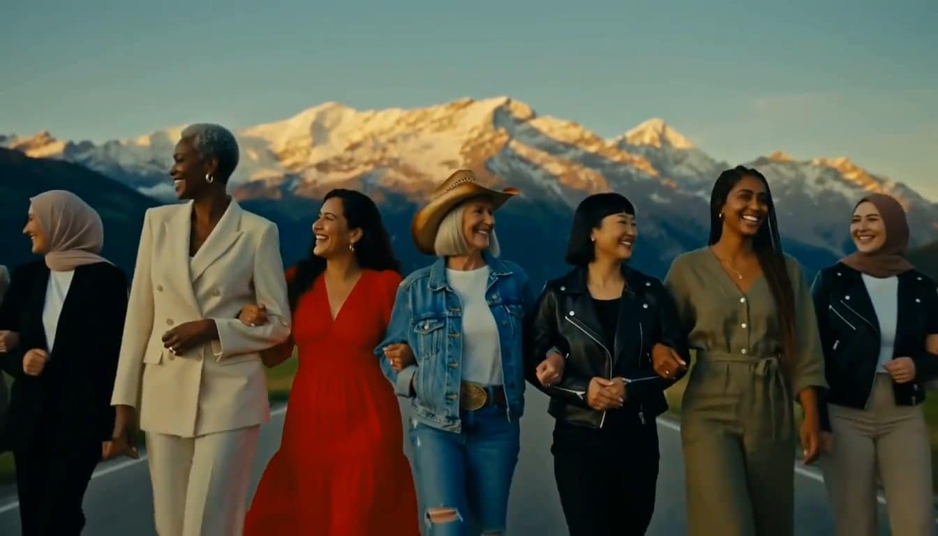 Women walking together toward the mountains at golden hour