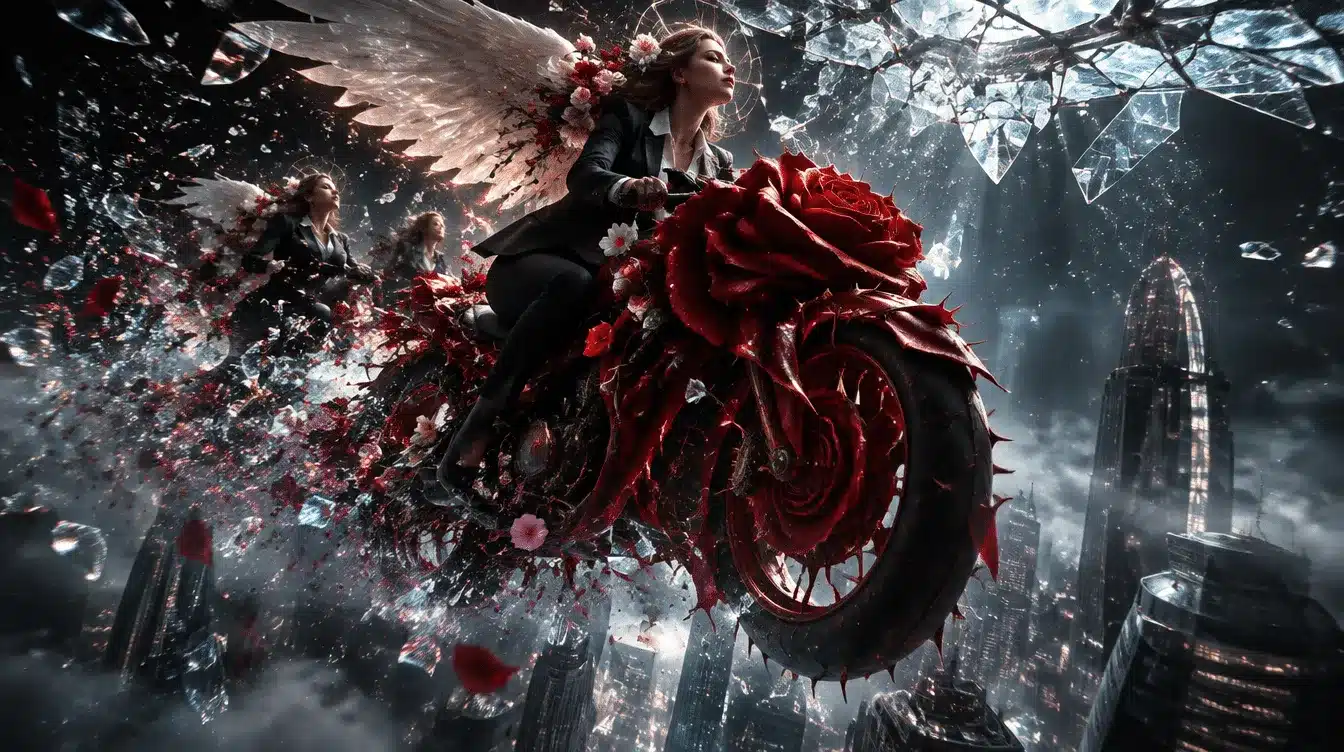 conscious divorce winged rose rider optimized A winged figure riding a motorcycle made of a giant red rose through a dark, crystalline city