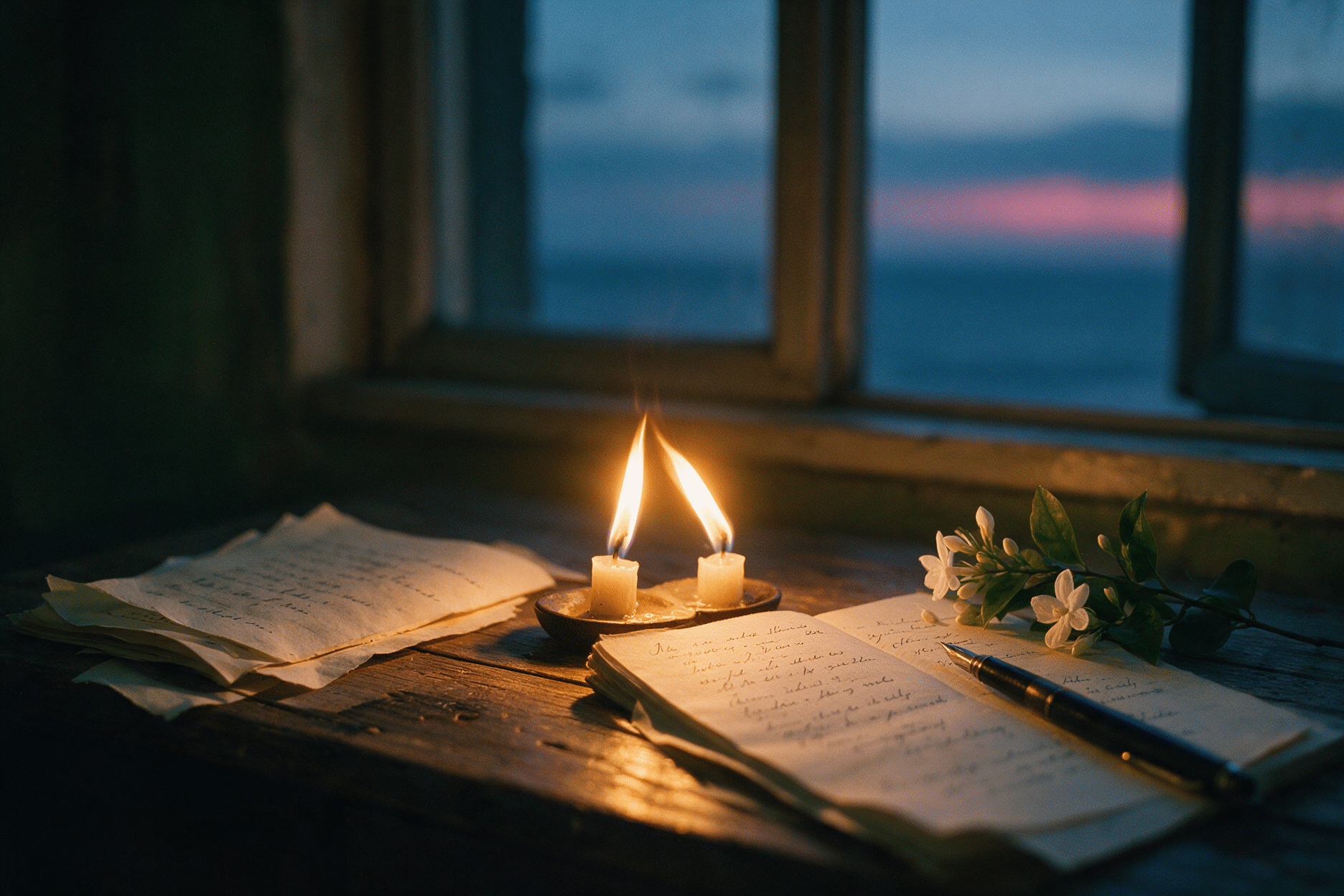 Two candle flames leaning together beside an open notebook of handwritten poems, a fountain pen and white jasmine, with a window of twilight sea behind