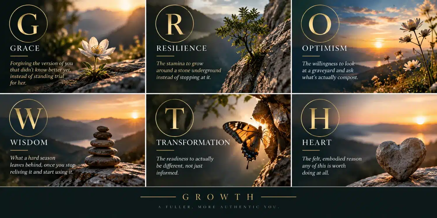 GROWTH — Grace, Resilience, Optimism, Wisdom, Transformation, Heart: six nature scenes illustrating a fuller, more authentic you