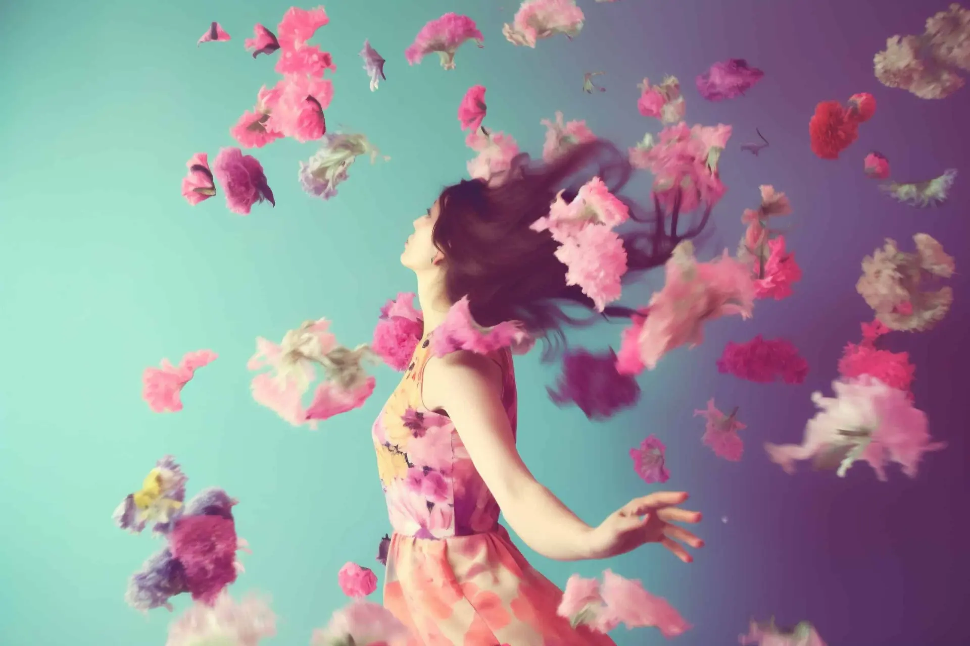 A woman with colorful peony flowers falling around her head in a spring-inspired artistic portrait