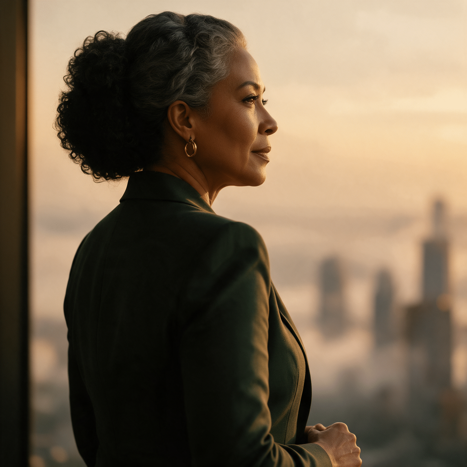 Close-up of a confident woman leader in profile, lit by golden window light