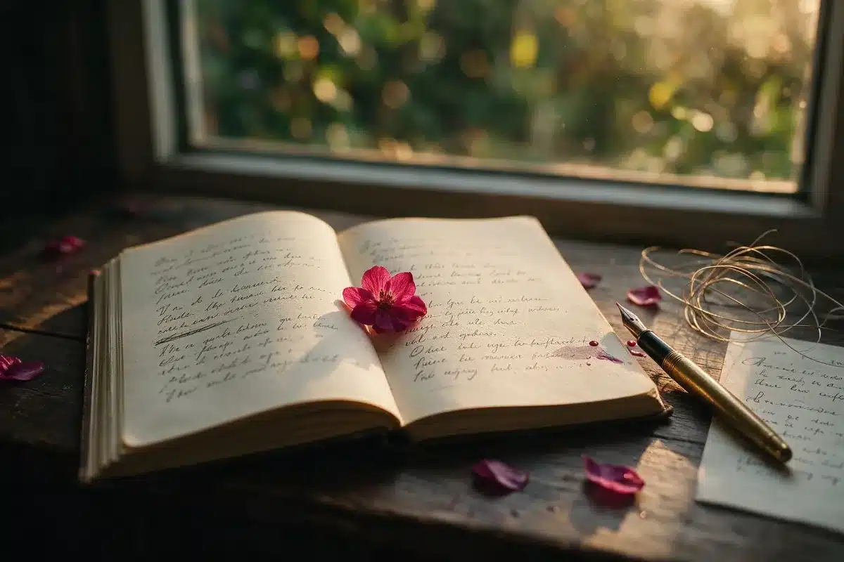 An open handwritten notebook of poems with a magenta blossom on the page, a fountain pen and a tangle of guitar strings beside it, in warm window light