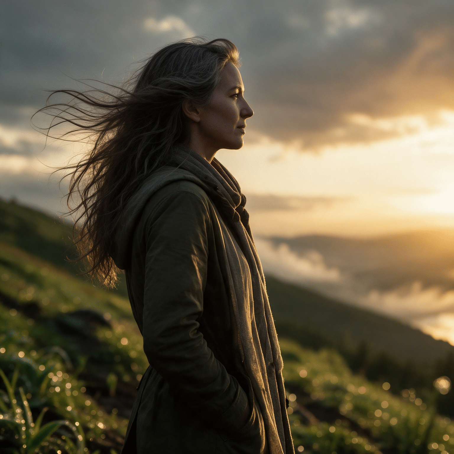 Close-up of a woman rebuilding her life, grey-streaked hair, soft sunrise light