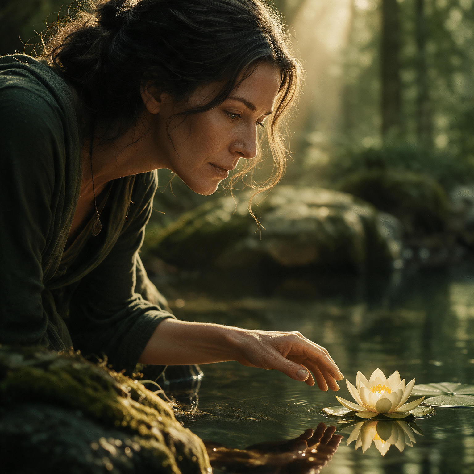 A woman looking down into a forest, light on her face