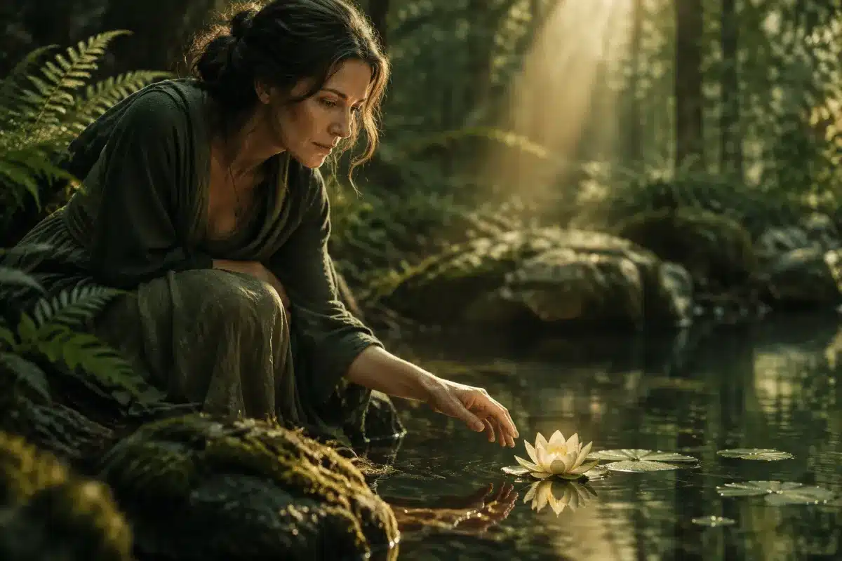 A woman kneeling beside a still forest pool at first light as a single petal opens