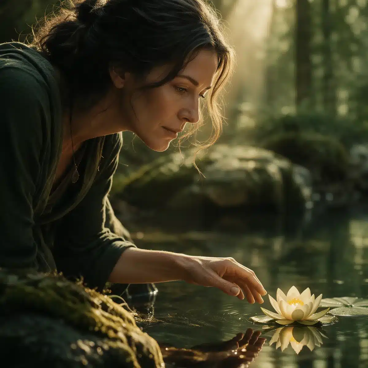 Close-up of a woman seeker beside a forest pool as a petal opens