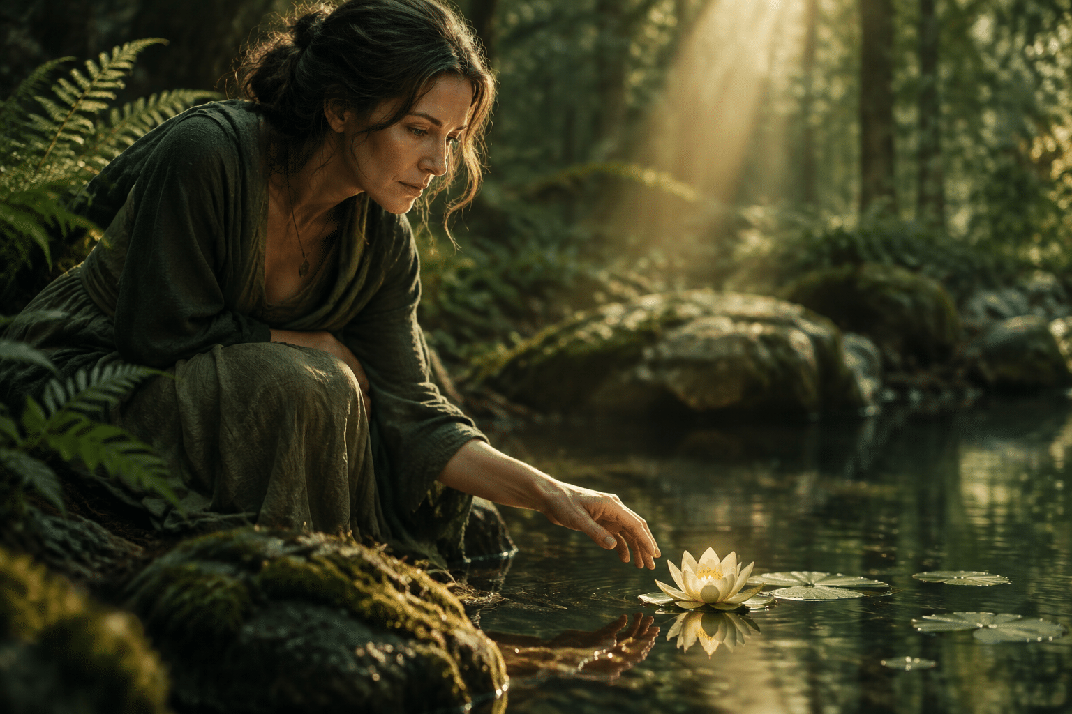A woman kneeling beside a still forest pool at first light as a single petal opens