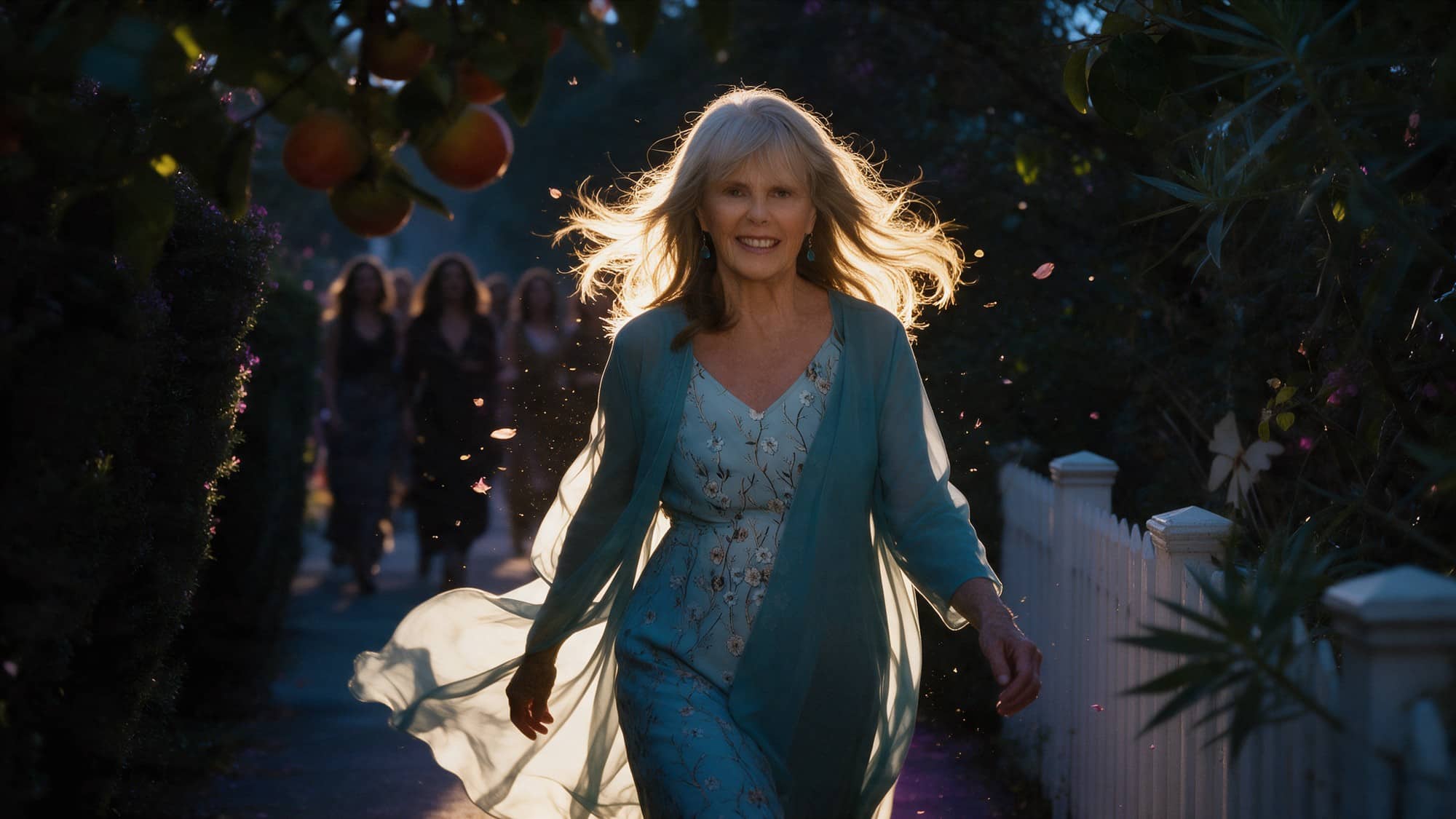 Dr. Susan Allison, Ph.D., walking toward the camera at dusk with a crowd of women following behind her