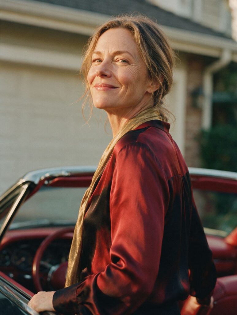 A woman in a red silk jacket smiling over her shoulder beside a classic red car