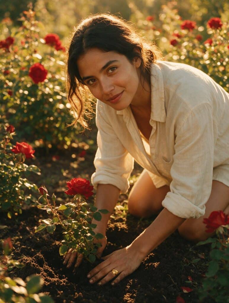 A woman in a cream shirt kneeling among red rosebushes in golden evening light