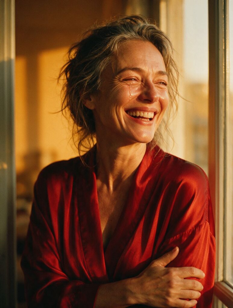 A woman in a red robe laughing with her arms folded, lit by golden window light