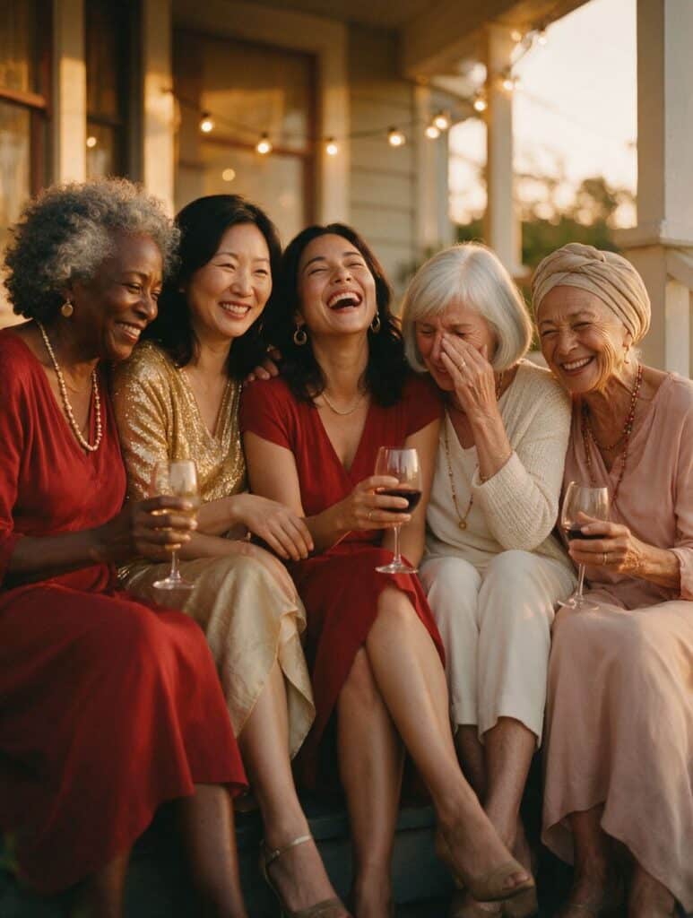 Five women of different ages and backgrounds laughing together on a porch