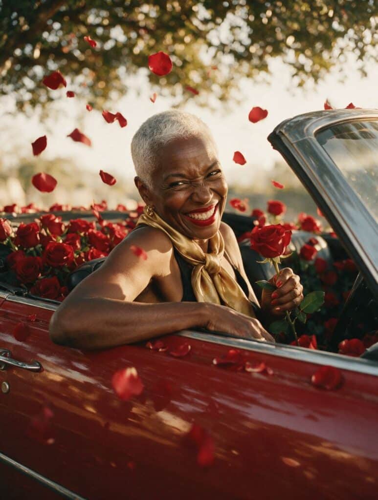 A joyful woman with short silver hair laughing in a red convertible filled with roses, red petals swirling around her