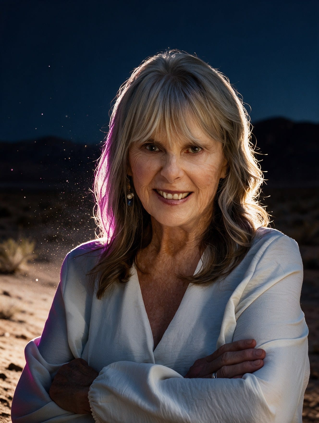 Dr. Susan Allison, Ph.D., smiling with her arms folded, lit against a desert dusk