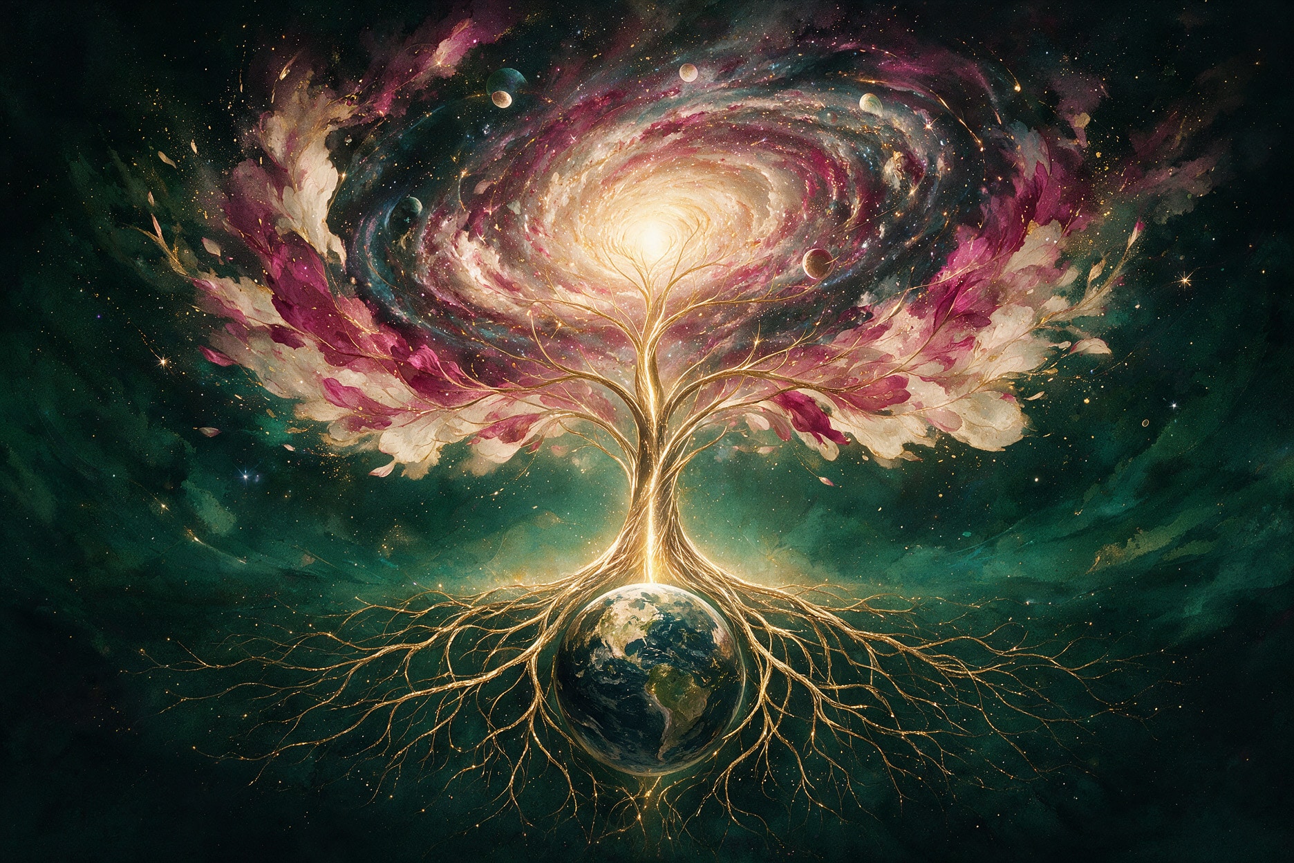 A glowing golden tree of life whose roots wrap around the Earth and whose crown opens into a spiral galaxy of magenta and ivory petals