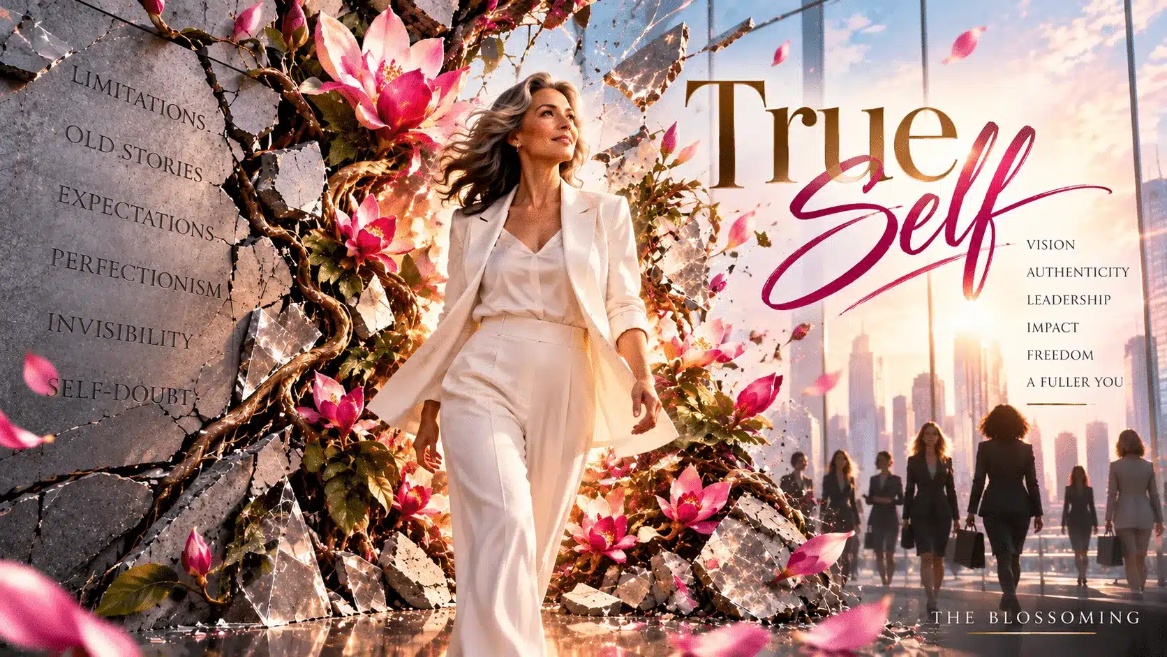 True Self: a woman in white walks through a wall of pink blossoms toward a city skyline