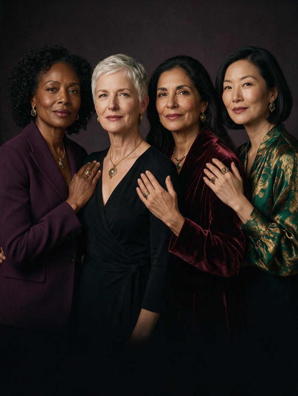 Four women of different ages and backgrounds standing close together in jewel-toned clothing