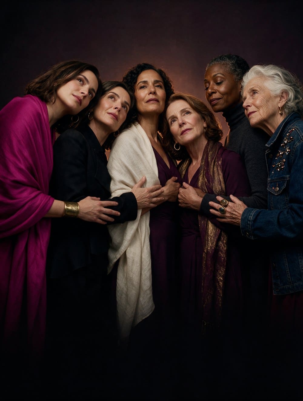 Six women of different ages and backgrounds standing close together and looking upward
